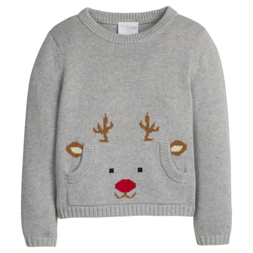 little english classic children's clothing boys gray sweater with reindeer front pocket for holiday 