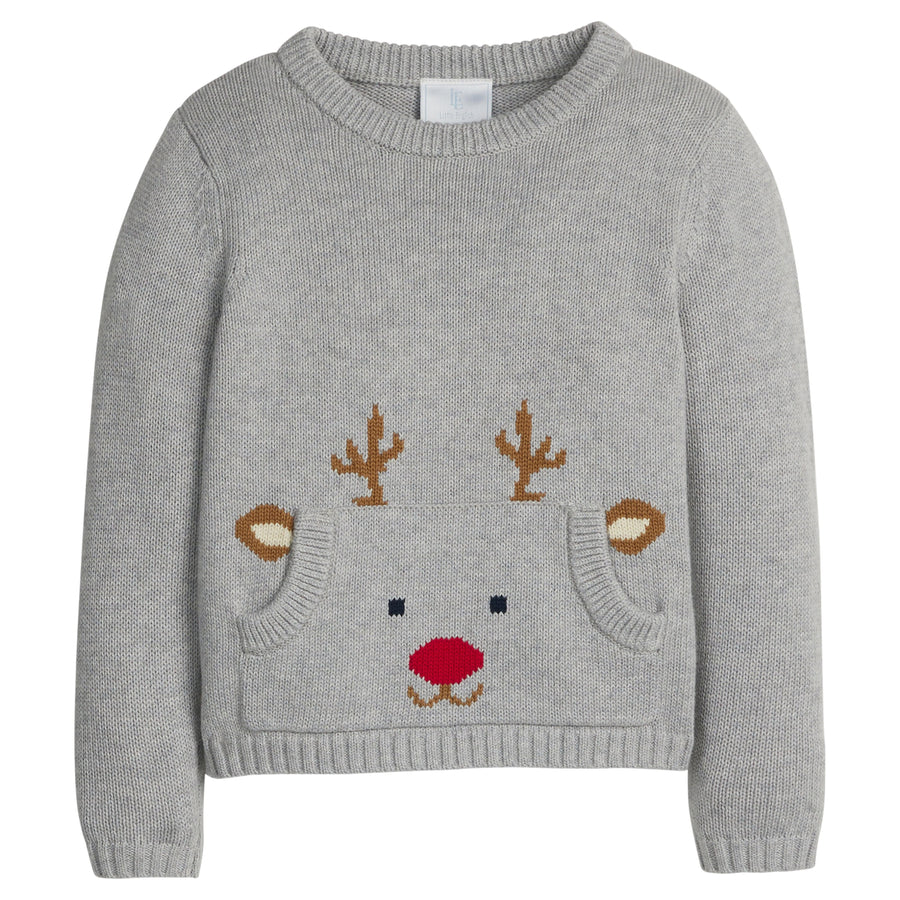 little english classic children's clothing boys gray sweater with reindeer front pocket for holiday 
