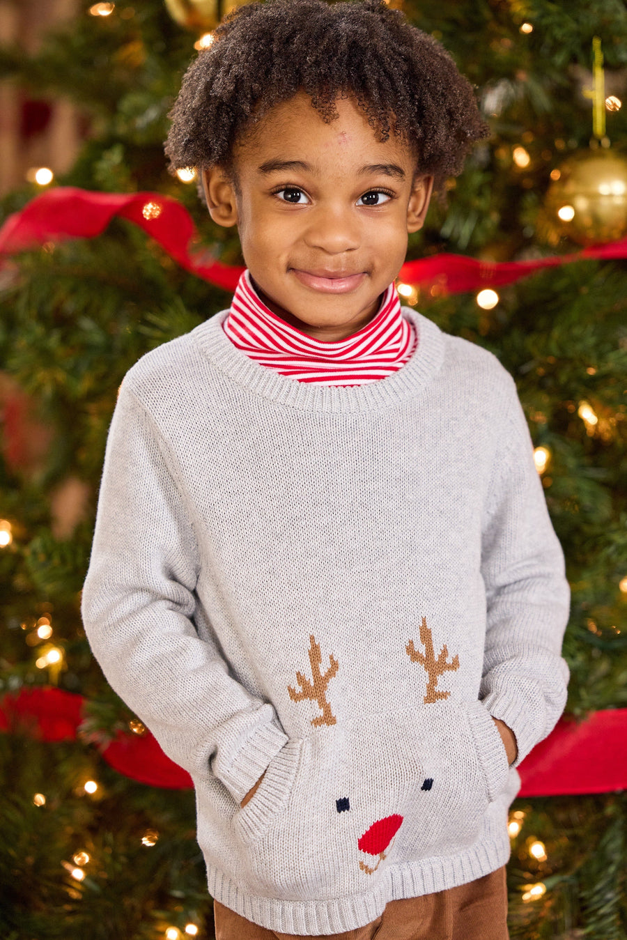 little english classic children's clothing gray sweater with reindeer front pocket, turtleneck in red stripe for holiday 