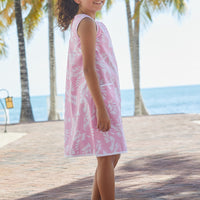 Little English classic knee length pink pocket shift dress with tropic pattern in white