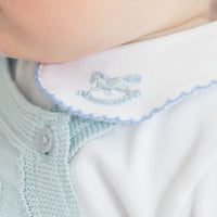 little english classic children's clothing baby boys light blue pointelle knit bubble with pinpoint onesie with rocking horse motif for baby boy