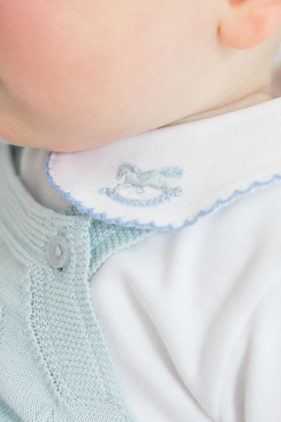 little english classic children's clothing baby boys light blue pointelle knit bubble with pinpoint onesie with rocking horse motif for baby boy