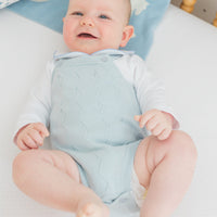 little english classic children's clothing baby boys light blue pointelle knit bubble with pinpoint onesie with rocking horse motif. Pima crib sheet in blue micro dot, for baby boy