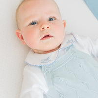 little english classic children's clothing baby boys light blue pointelle knit bubble with pinpoint onesie with rocking horse motif. Pima crib sheet in blue micro dot, for baby boy