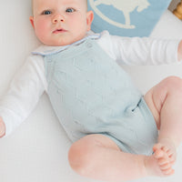 little english classic children's clothing baby boys light blue pointelle knit bubble with pinpoint onesie with rocking horse motif. Pima crib sheet in blue micro dot, for baby boy