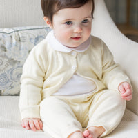 Little English traditional children's clothing. Long sleeve and long pant cream pointelle sweater set accompanied by a picot peter pan onesie in white for baby.