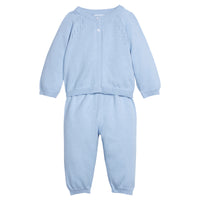 Little English traditional children's clothing. Long sleeve and long pant blue pointelle sweater set for baby.