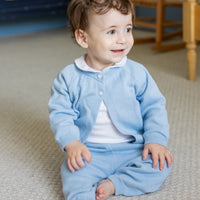 Little English traditional children's clothing. Long sleeve and long pant light blue pointelle sweater set accompanied by a picot peter pan onesie in white for baby.