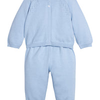 Little English traditional children's clothing. Long sleeve and long pant blue pointelle sweater set for baby.