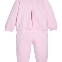 Little English traditional children's clothing. Long sleeve and long pant pink pointelle sweater set for baby girls.