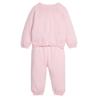 Little English traditional children's clothing. Long sleeve and long pant pink pointelle sweater set for baby girls.