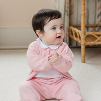 Little English traditional children's clothing. Long sleeve and long pant light pink pointelle sweater set accompanied by a picot peter pan onesie with light pink trim for baby girl
