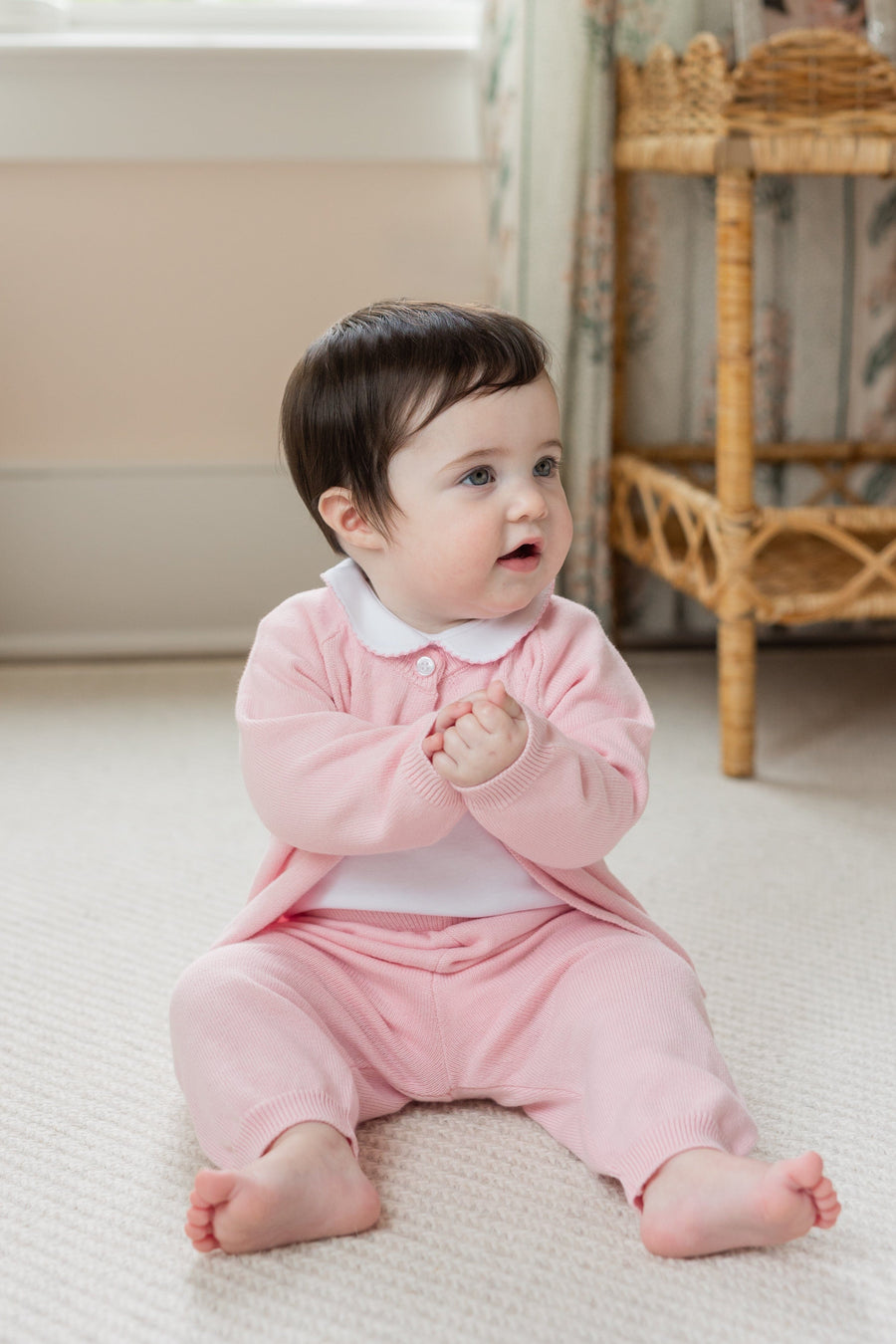 Little English traditional children's clothing. Long sleeve and long pant light pink pointelle sweater set accompanied by a picot peter pan onesie with light pink trim for baby girl