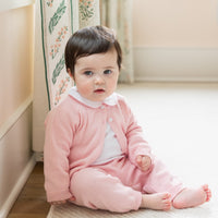 Little English traditional children's clothing. Long sleeve and long pant light pink pointelle sweater set accompanied by a picot peter pan onesie with light pink trim for baby girl