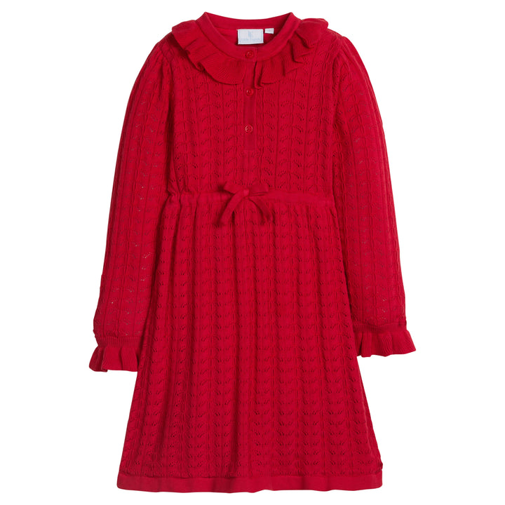 little english classic children's clothing girls red knit sweater dress with ruffle details and bow at waist for holiday 