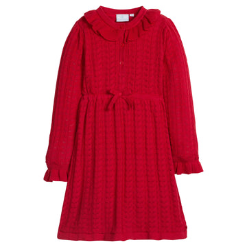 little english classic children's clothing girls red knit sweater dress with ruffle details and bow at waist for holiday 