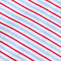 Little English traditional children's clothing. Red, white, and blue Primary Stripe fabric swatch