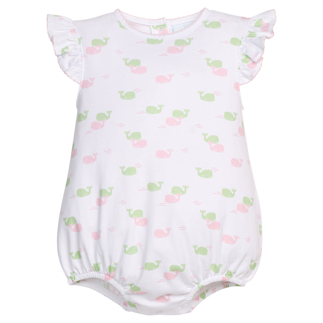 Little English classic printed angel sleeve bubble with pink and green whale motifs and flutter sleeves, for baby girl 