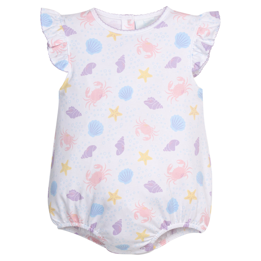 Little English classic printed angel sleeve bubble with purple, pink, blue, and yellow seashell motifs, with flutter sleeves, for baby girl 