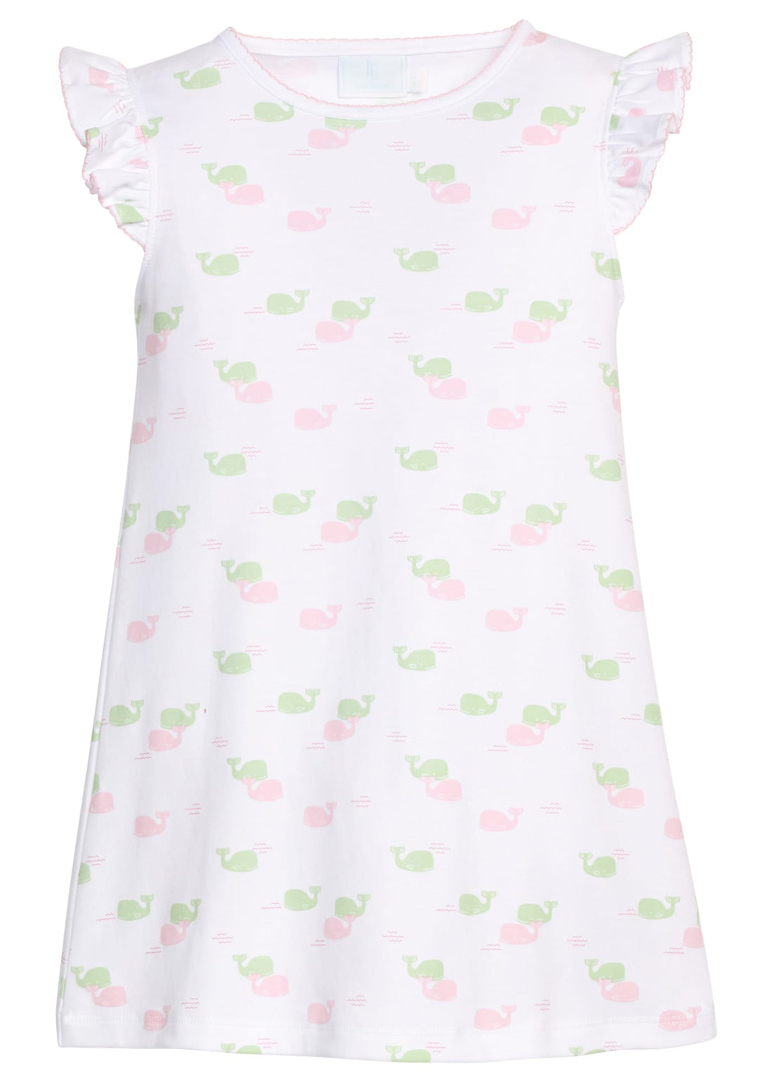 Little English classic printed angel sleeve dress with pink and green whale motifs and flutter sleeves, for little girl 