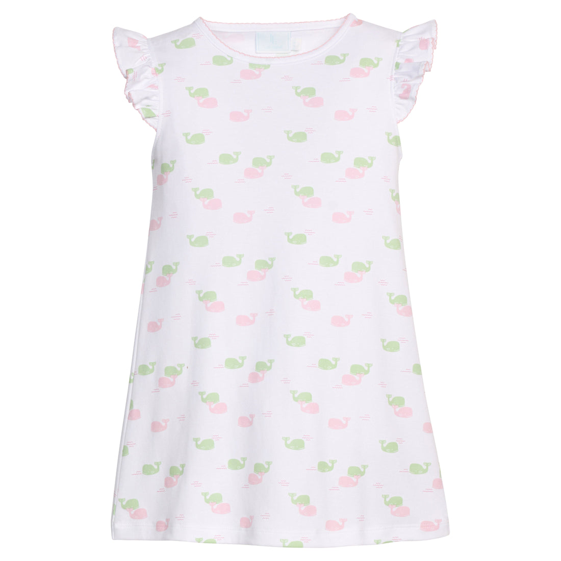 Little English classic printed angel sleeve dress with pink and green whale motifs and flutter sleeves, for little girl 