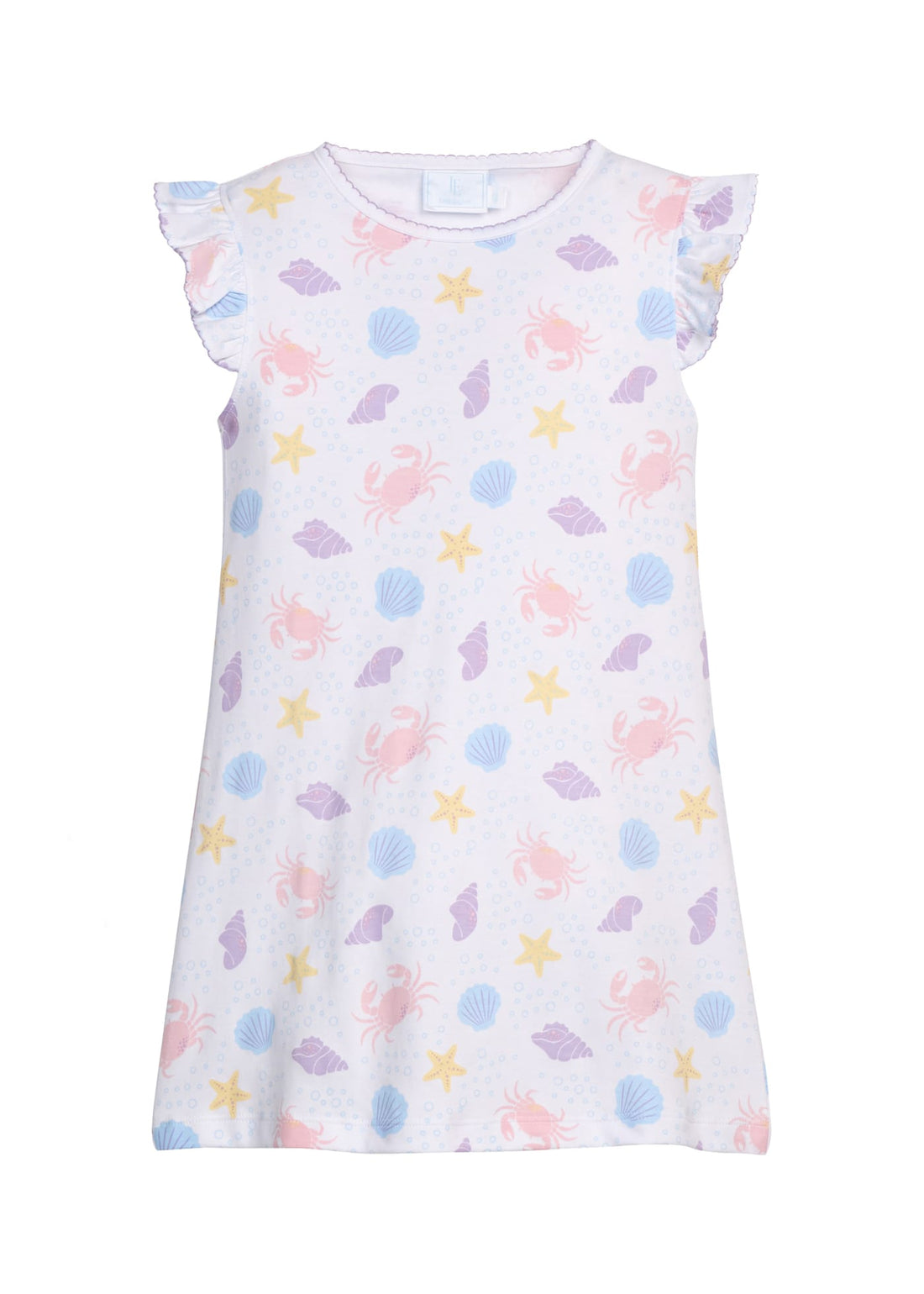 Little English classic printed angel sleeve dress with purple, pink, blue, and yellow seashells motifs and flutter sleeves, for little girl 