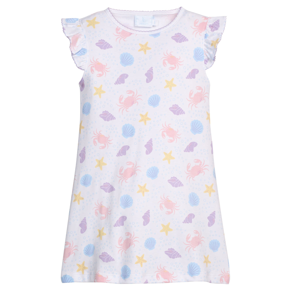 Little English classic printed angel sleeve dress with purple, pink, blue, and yellow seashells motifs and flutter sleeves, for little girl 
