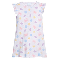Little English classic printed angel sleeve dress with purple, pink, blue, and yellow seashells motifs and flutter sleeves, for little girl 