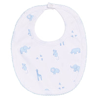 Little English traditional children's clothing.  White pima cotton bib with blue animal safari print for baby boys