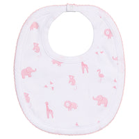Little English traditional children's clothing.  White pima cotton bib with pink animal safari print for baby girls