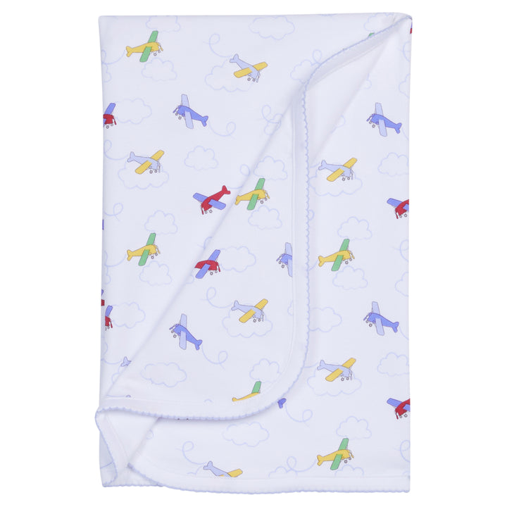Little English baby's knit blanket with airplanes print