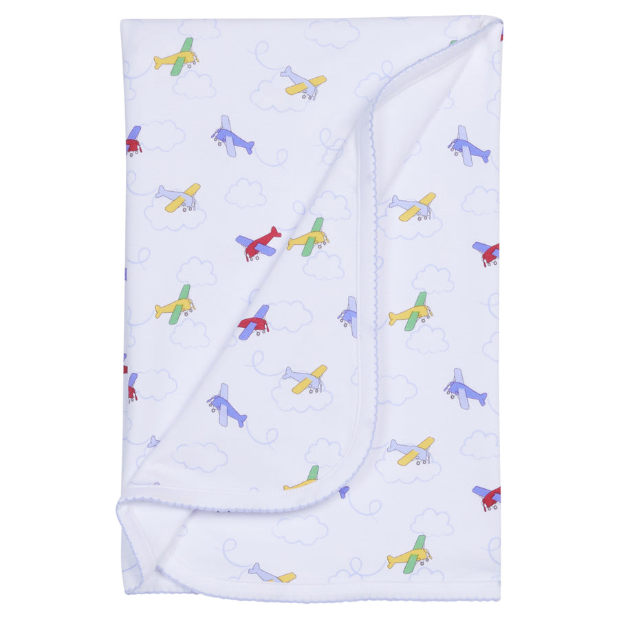 Little English baby's knit blanket with airplanes print