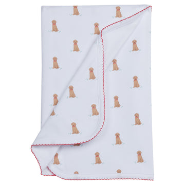 Little English pima cotton printed blanket with lab design for baby boys with red picot trim