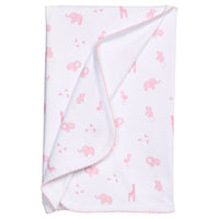 Little English traditional children's clothing.  White pima cotton blanket with pink animal safari print for baby girls