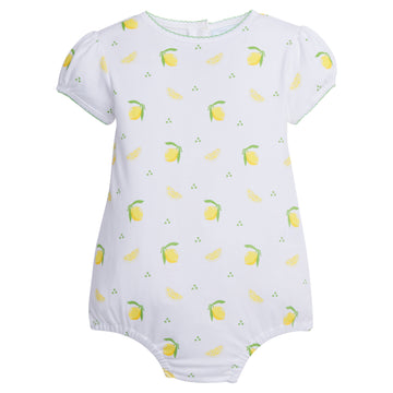 Little English baby girl's knit bubble with lemon print for spring