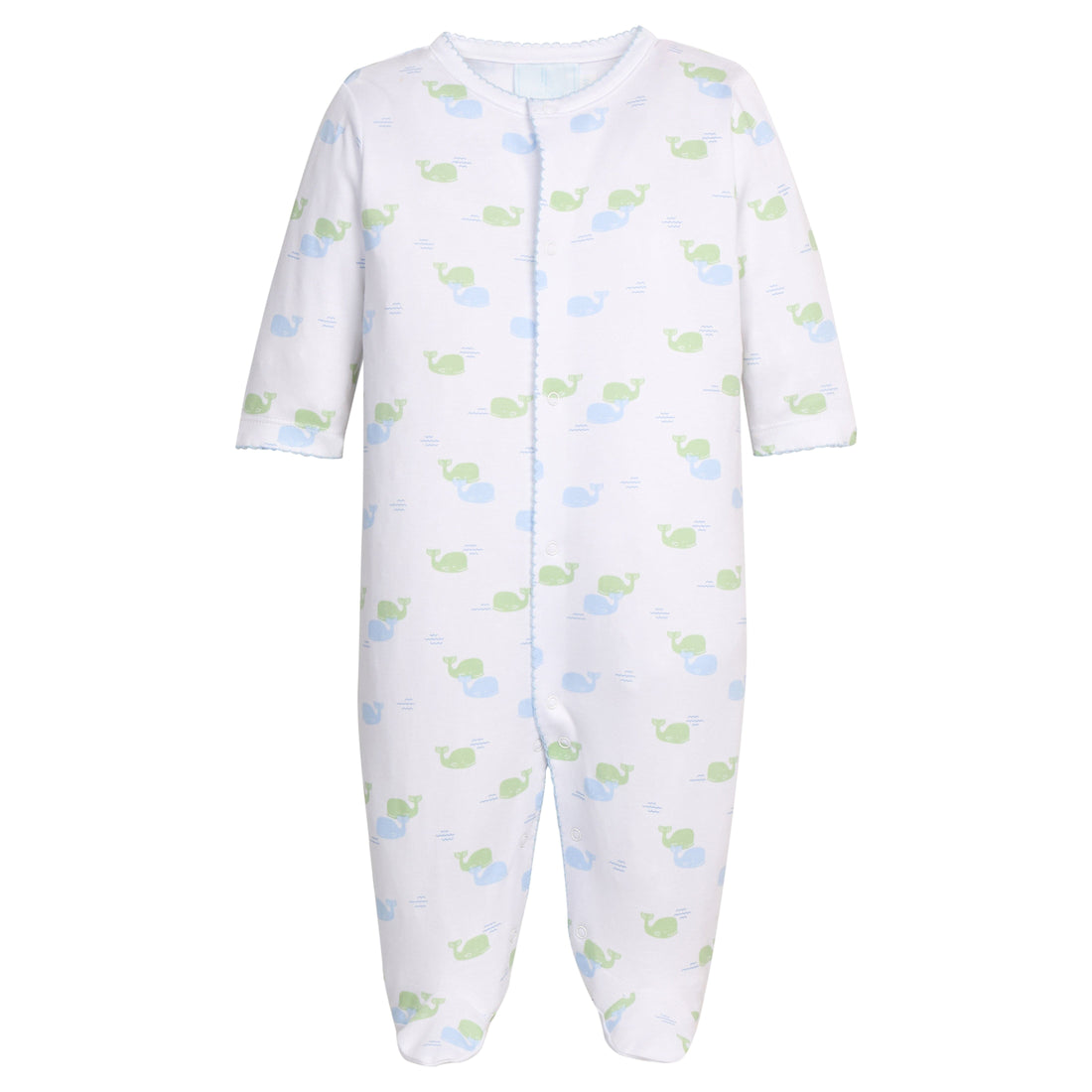 Little English Classic printed footie with blue and green whale motifs, for baby boy 