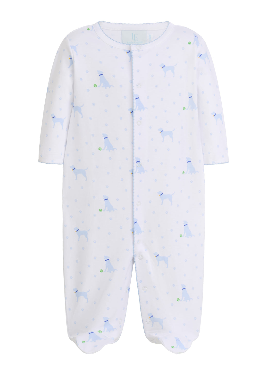 Little English baby boy pima cotton printed footies with blue lab designs