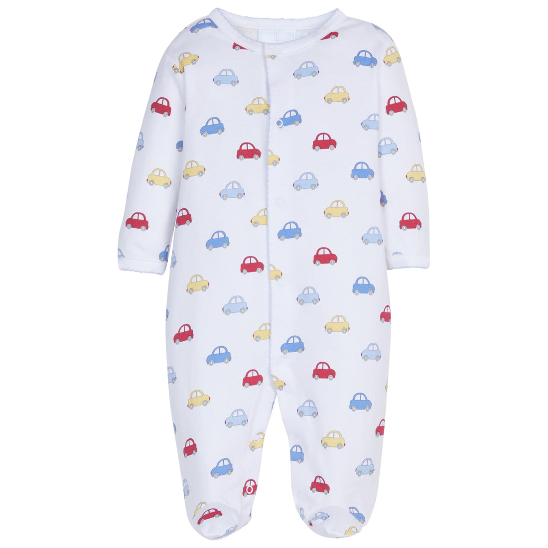little english classic childrens clothing boys printed footie with red yellow and blue cars