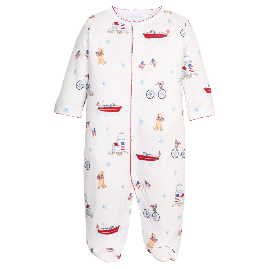 Little English Classic printed footie with puppy, flag, boat, and star motifs for fourth of July, for baby 
