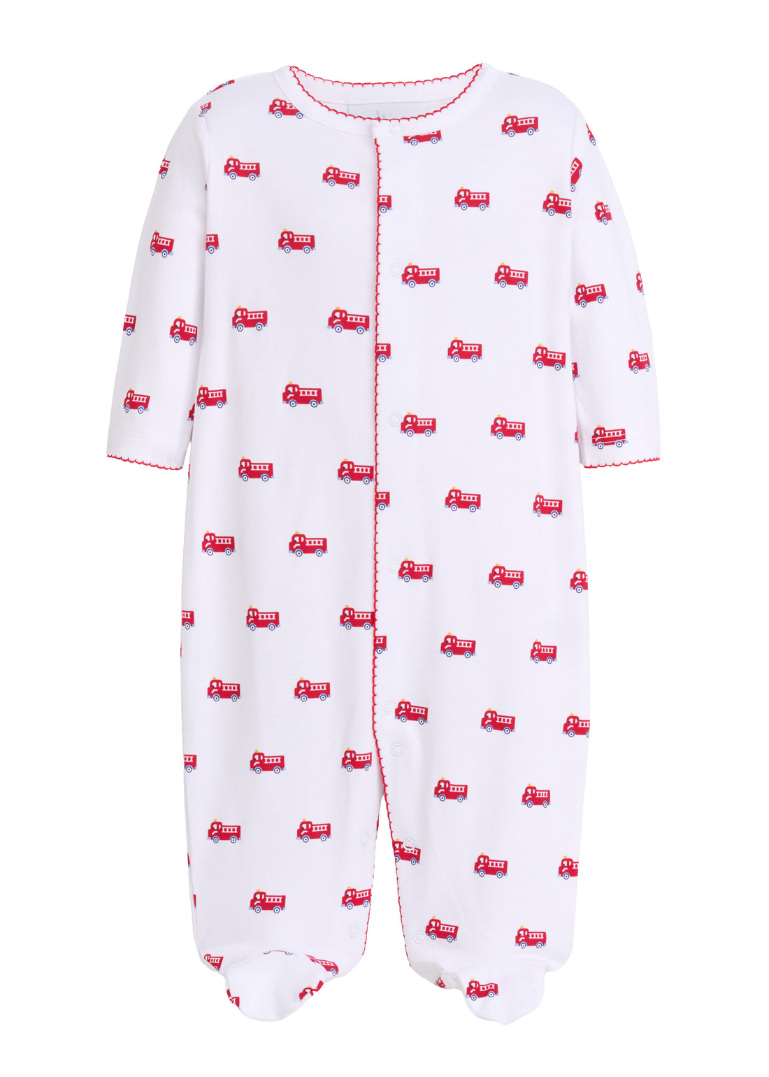 Little English baby pima cotton printed footie with fire trucks
