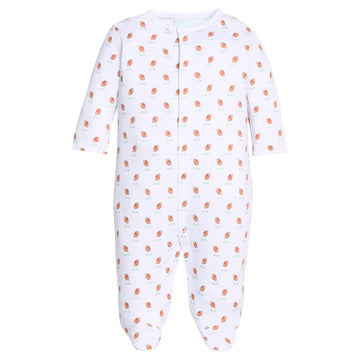 Little English traditional children's clothing.  White pima cotton footie with football print for baby boys