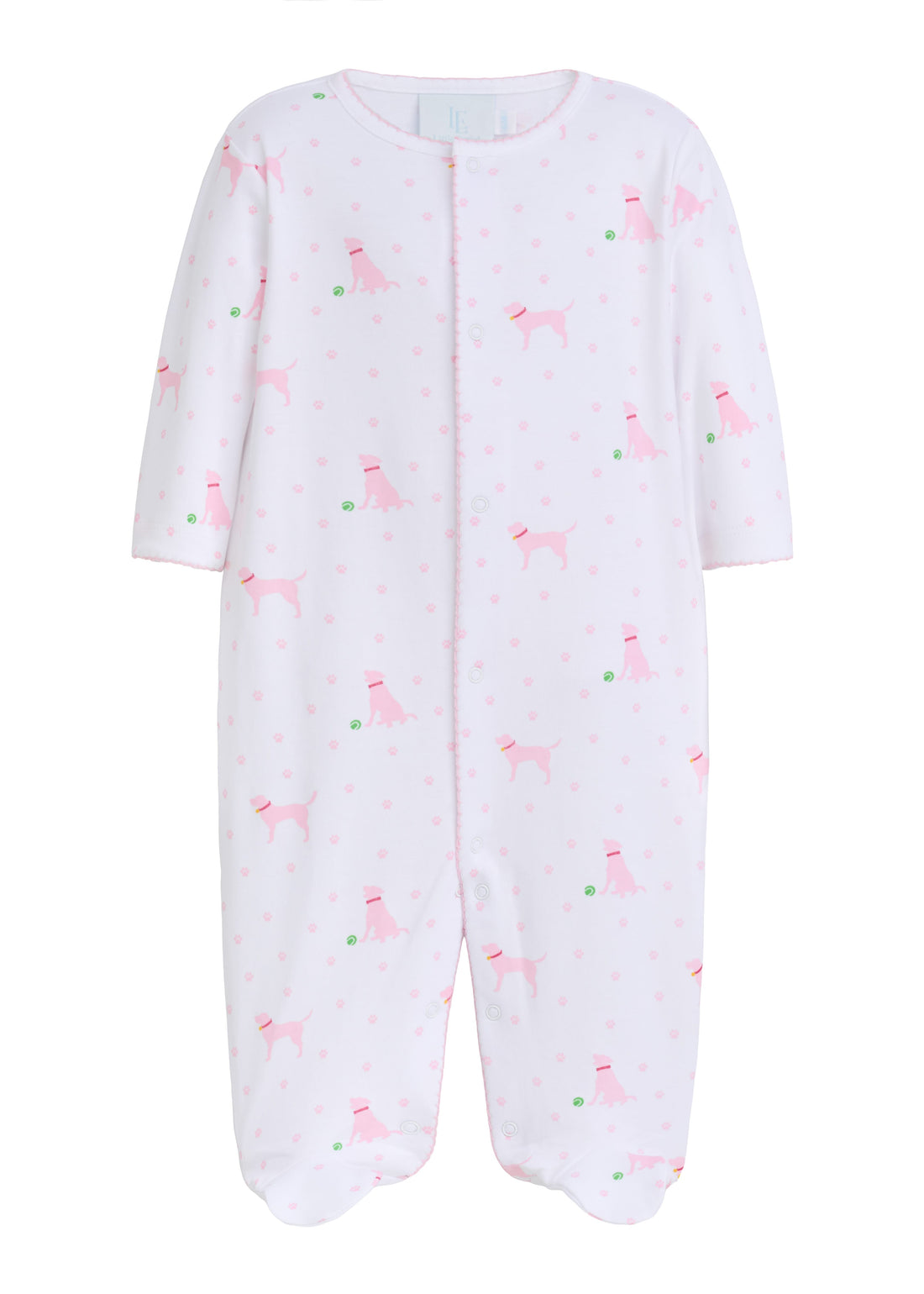 Little English pima cotton printed footie for baby girl with pink labs design
