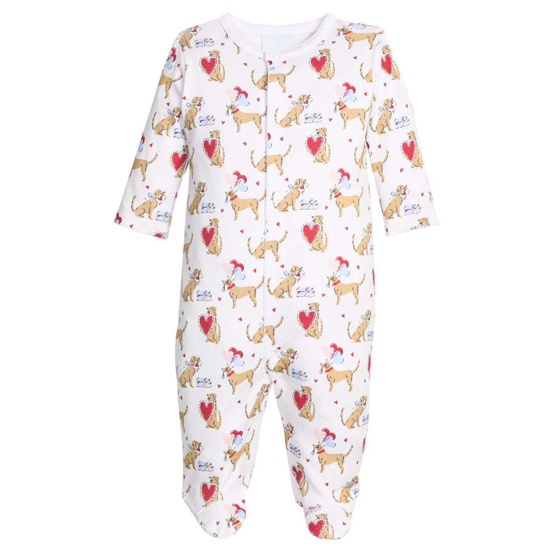 Little English pima cotton footie with dogs and heart balloons for valentine&