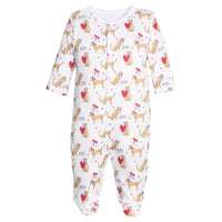 Little English pima cotton footie with dogs and heart balloons for valentine's day
