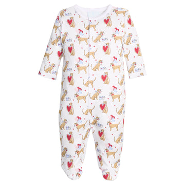 Little English pima cotton footie with dogs and heart balloons for valentine's day
