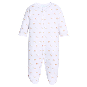 Little English traditional children's clothing.  Unisex white pima cotton footie with lab print for babies.