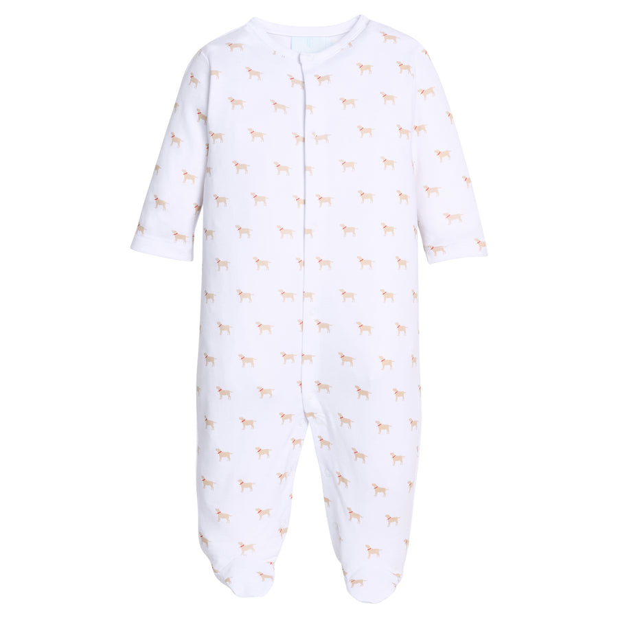 Little English traditional children's clothing.  Unisex white pima cotton footie with lab print for babies.