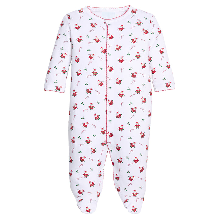Little English traditional children's clothing.  Unisex white pima cotton footie with christmas print for babies