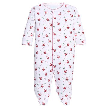 Little English traditional children's clothing.  Unisex white pima cotton footie with christmas print for babies