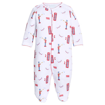 Little English traditional children's clothing.  White Pima cotton footie with London inspired print for babies
